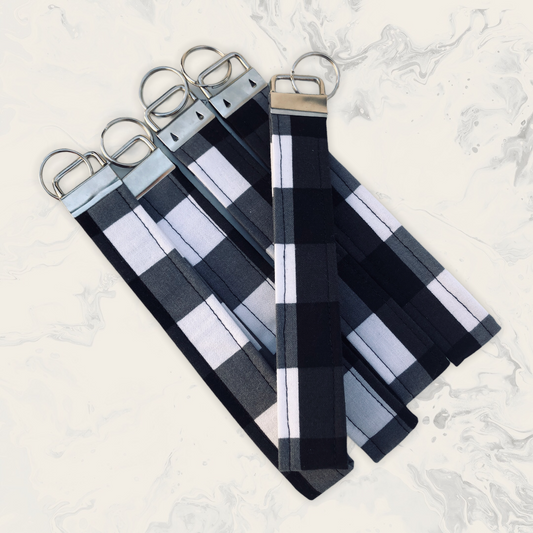 Black and White Buffalo Check Print Fabric Wristlet Keychain, Key Fob