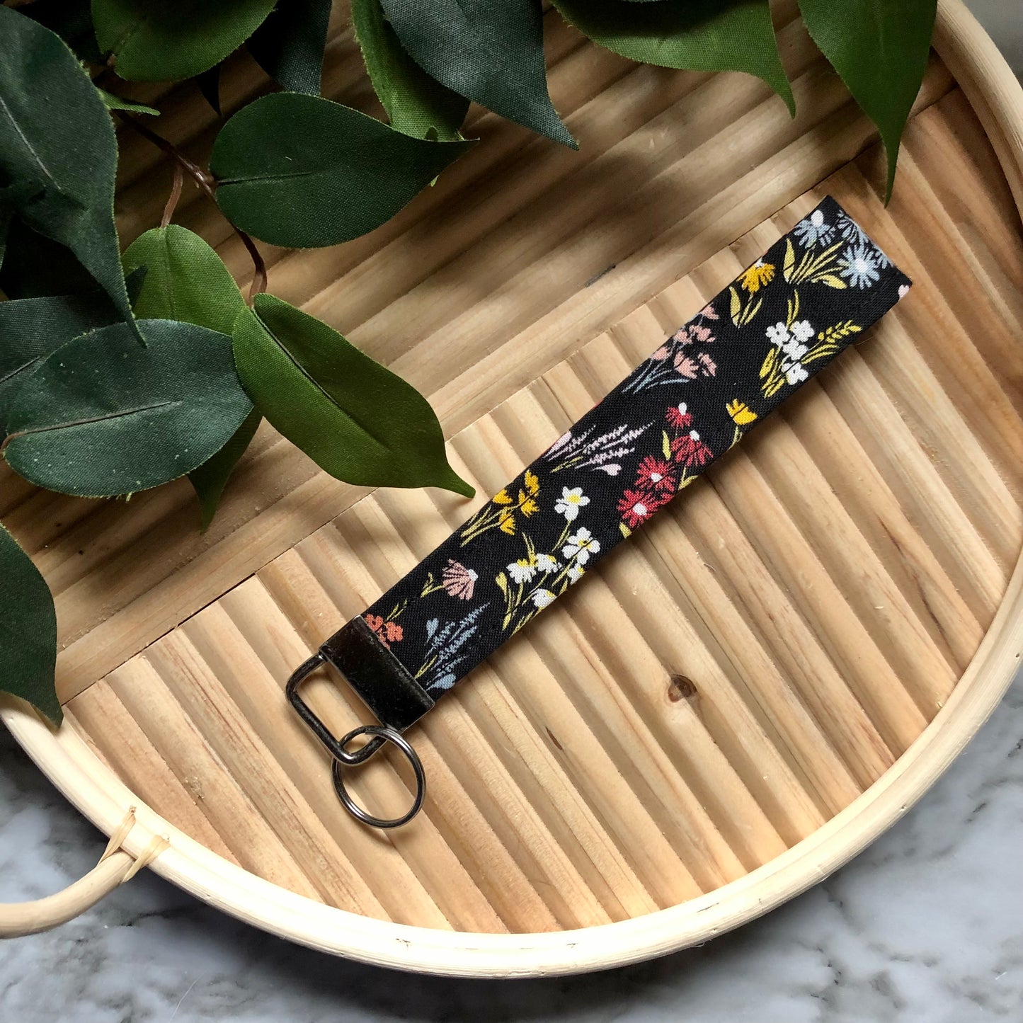 Black Garden Floral Print Fabric Wristlet Keychain, Key Fob