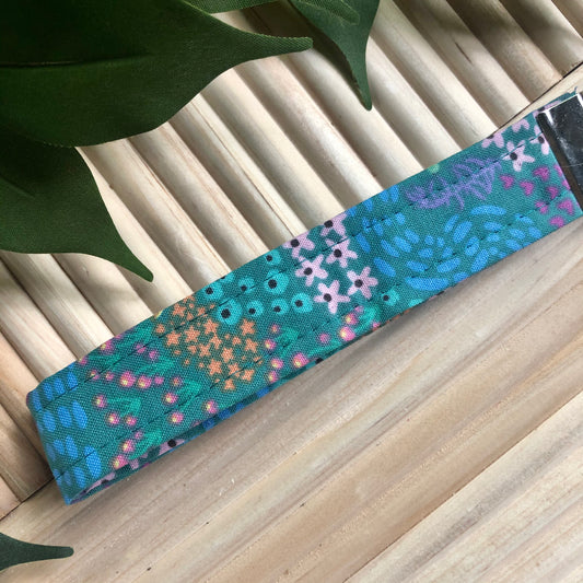 Teal Spring Floral Print Fabric Wristlet Keychain, Key Fob