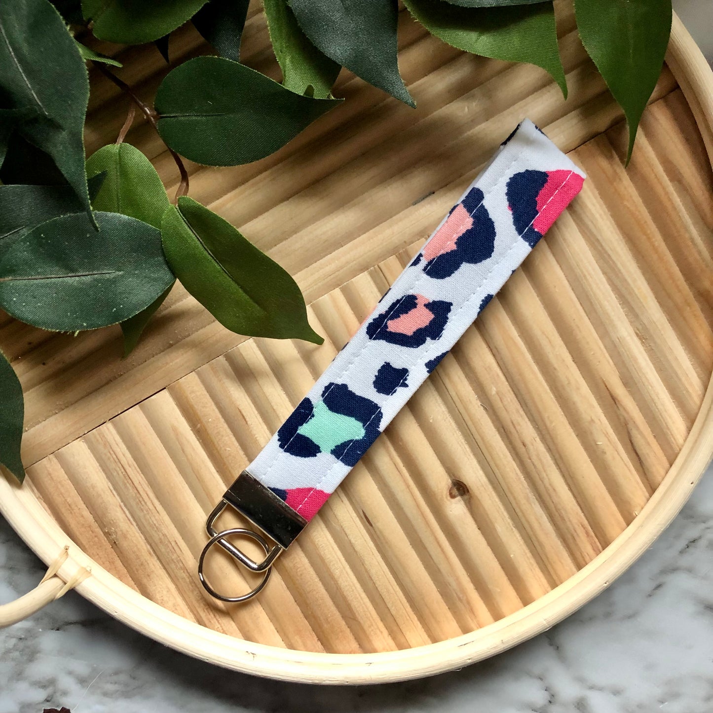 Colorful Cheetah Print Fabric Wristlet Keychain, Key Fob