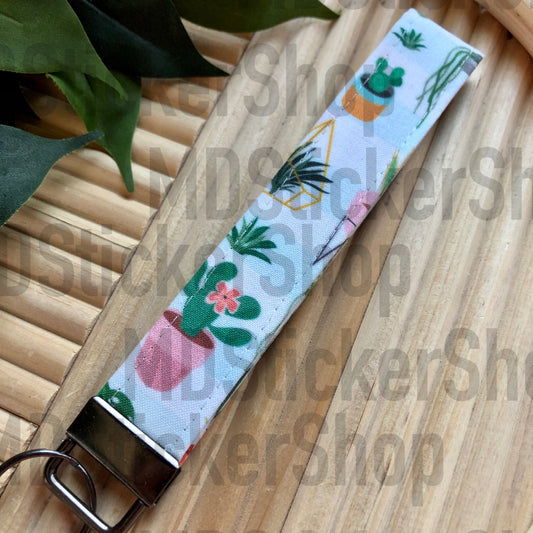 White Indoor Plant Print Fabric Keychain