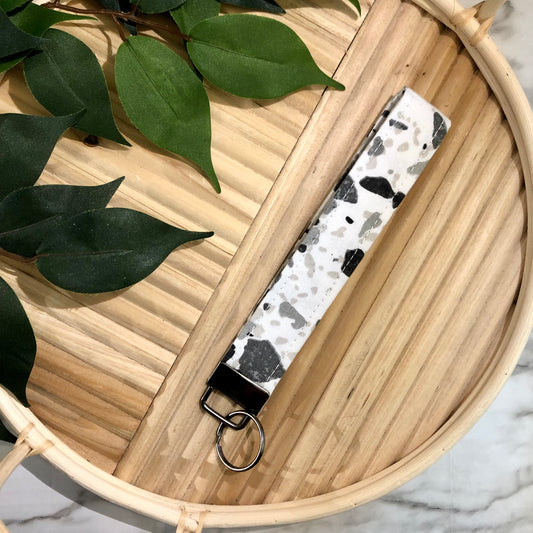 Grey Scale Terrazzo Print Fabric Keychain, Key Fob