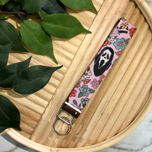 Ghost Face Floral Print Fabric Keychain, Key Fob