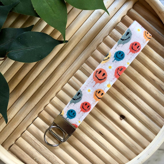 Groovy Smilies Print Fabric Keychain, Key Fob