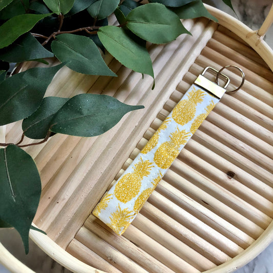 Golden Yellow and White Pineapple Print Fabric Keychain, Key Fob