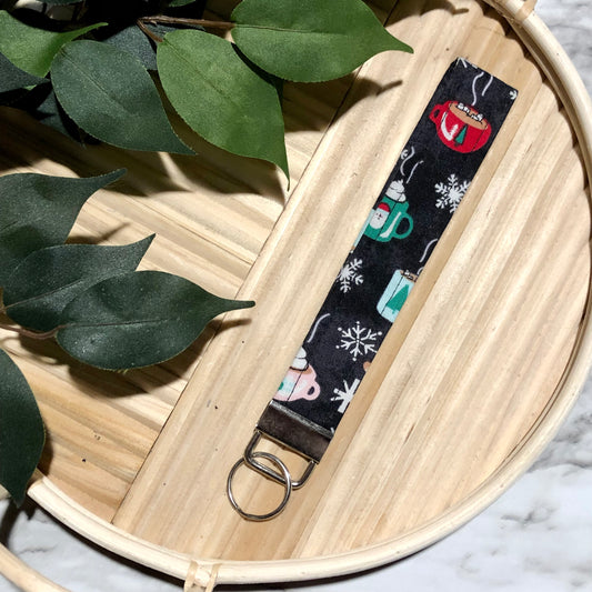 Hot Cocoa & Gingerbread Men Print Fabric Wristlet Keychain, Key Fob