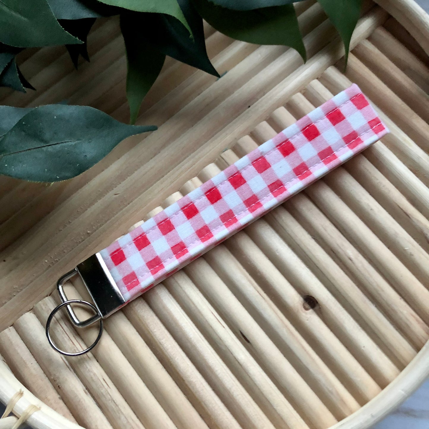 Pink Gingham Print Fabric Wristlet Keychain, Key Fob