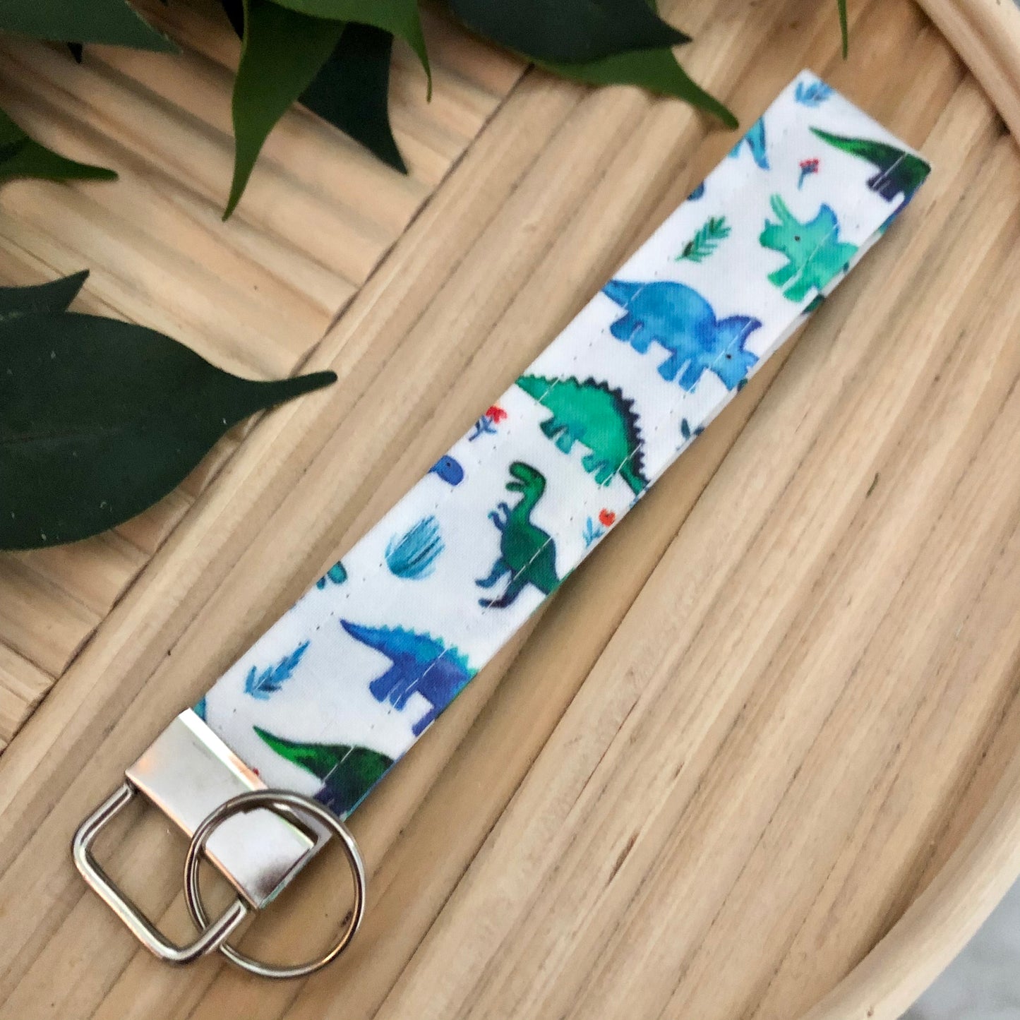 Blue Dinosaur Print Fabric Wristlet Keychain, Key Fob