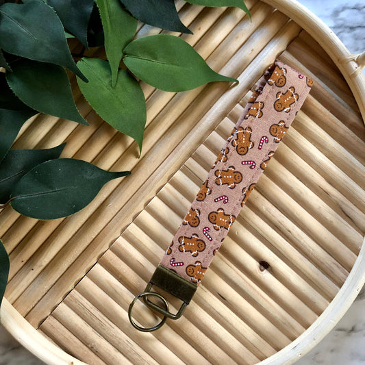 Gingerbread Man Print Fabric Keychain, Key Fob
