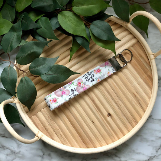 “Best Day Ever” Disney Floral Print Fabric Wristlet Keychain, Key Fob