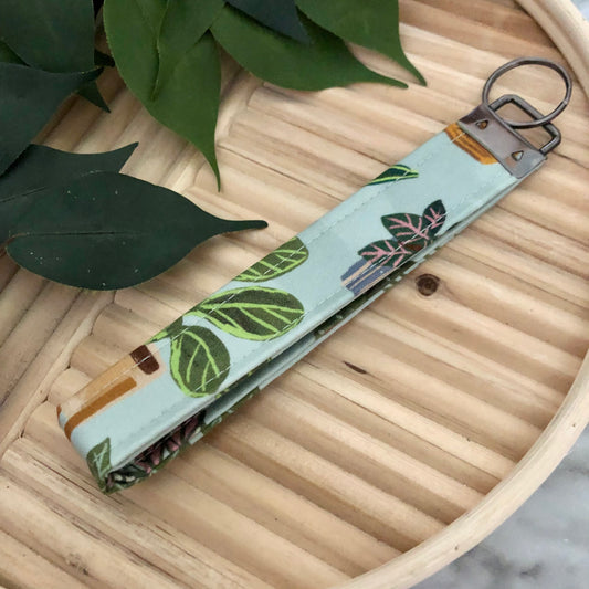 Indoor Plant Print Fabric Wristlet Keychain, Key Fob