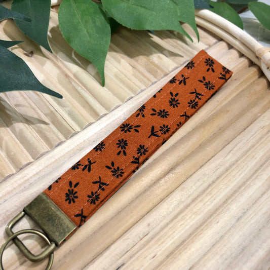 Rust & Black Floral Print Fabric Keychain, Key Fob