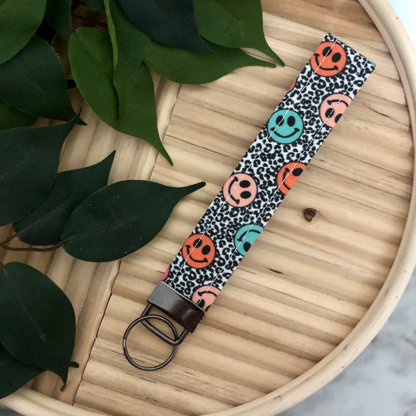 Cheetah Smiley Print Fabric Wristlet Keychain, Key Fob