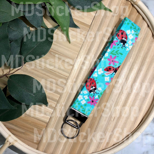 Blue Ladybug Print Fabric Keychain