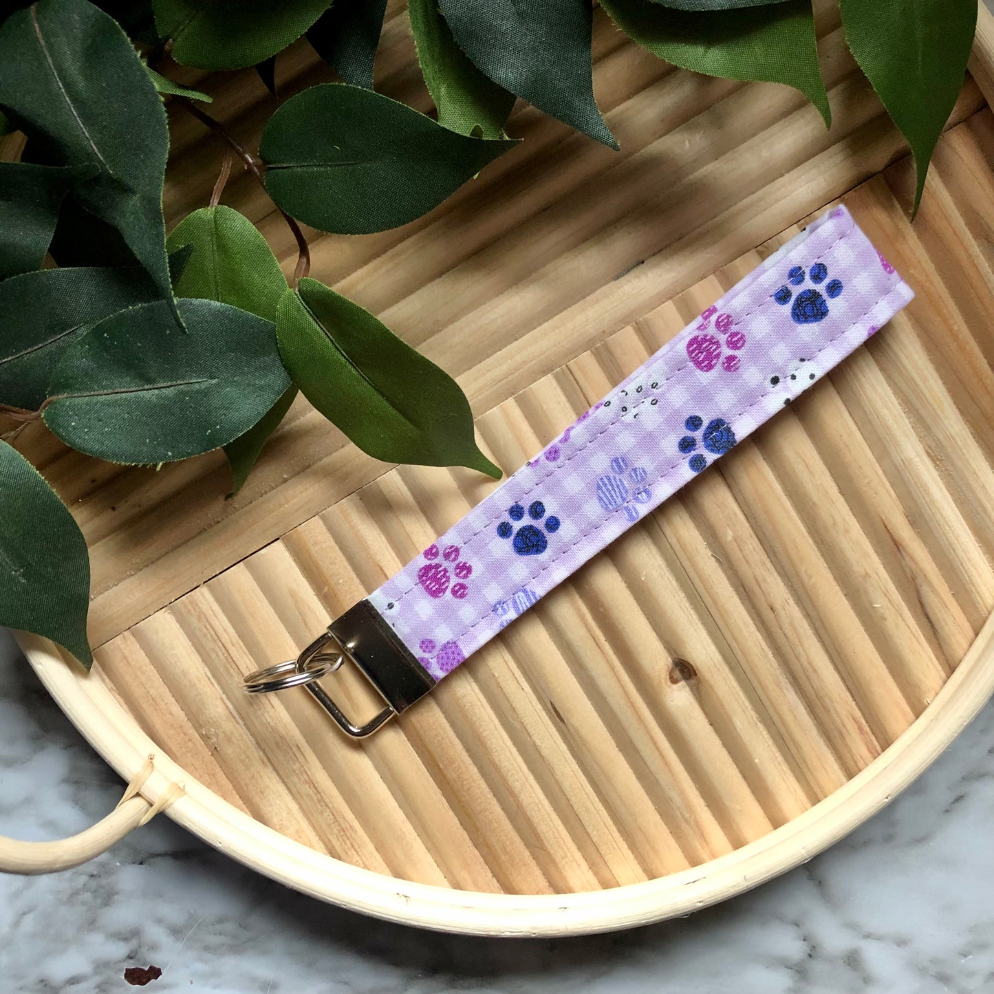 Purple Paw Print Gingham Fabric Wristlet Keychain, Key Fob