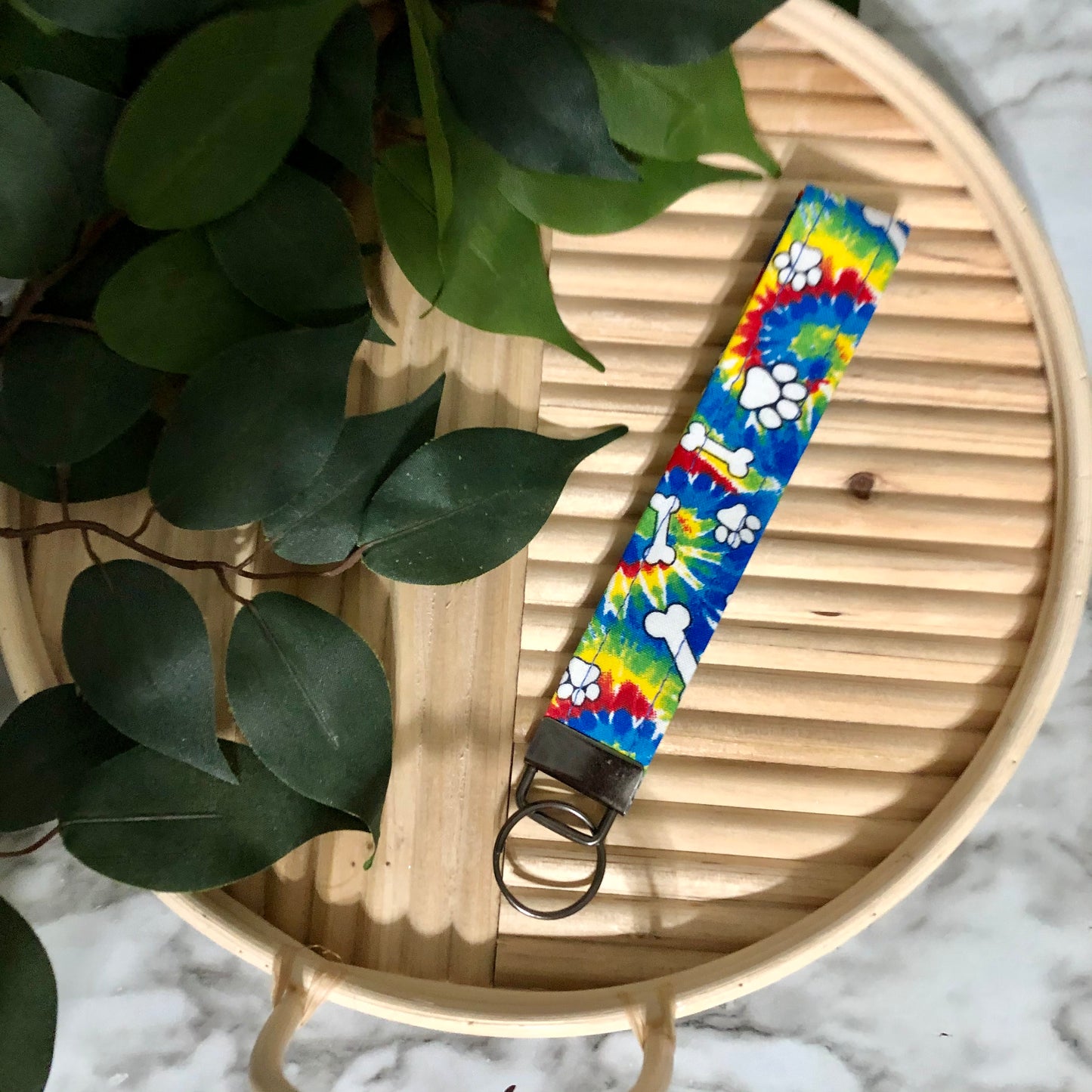 Rainbow Tie Dye Paw Print Fabric Wristlet Keychain, Key Fob
