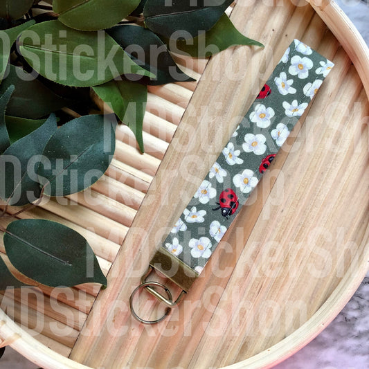 Olive Lady Bug Print Fabric Keychain