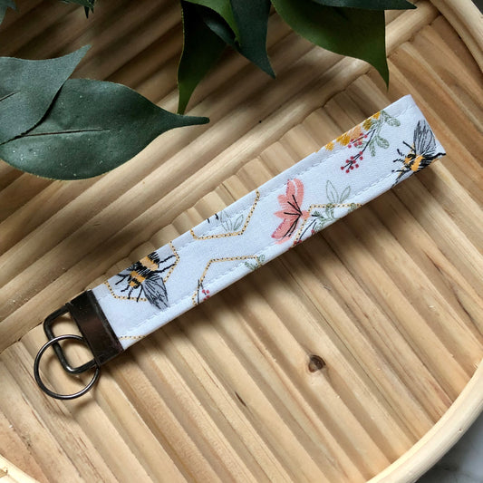 Floral Bee Print Fabric Wristlet Keychain, Key Fob