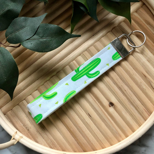 White Cactus Print Fabric Wristlet Keychain, Key Fob