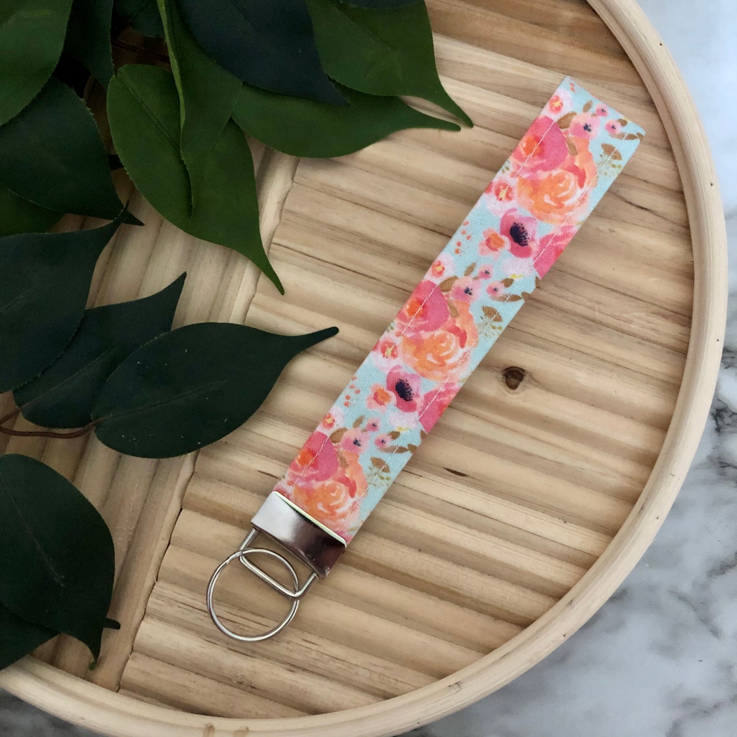 Blush Floral Print Fabric Wristlet Keychain, Key Fob