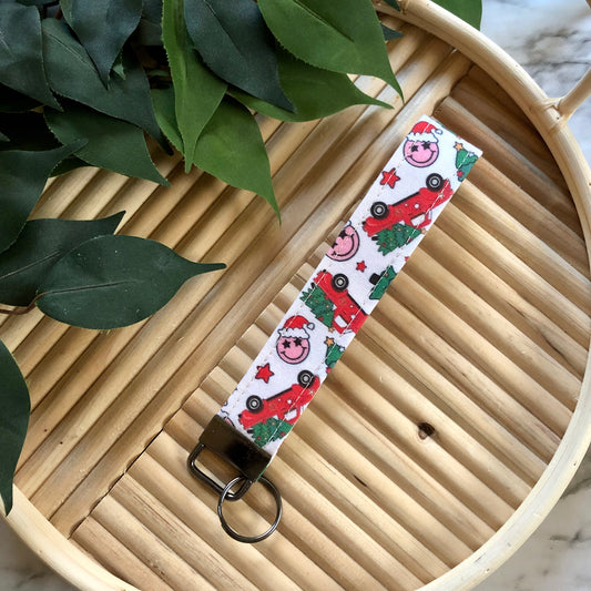 Christmas Truck Smiley Print Fabric Keychain, Key Fob
