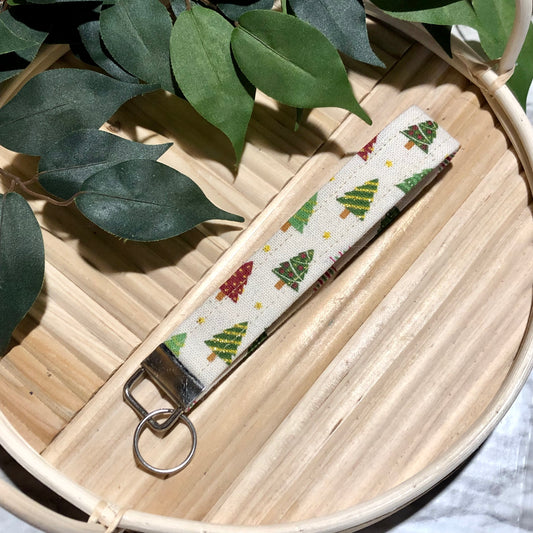 Glittery Trees Christmas Print Fabric Wristlet Keychain, Key Fob