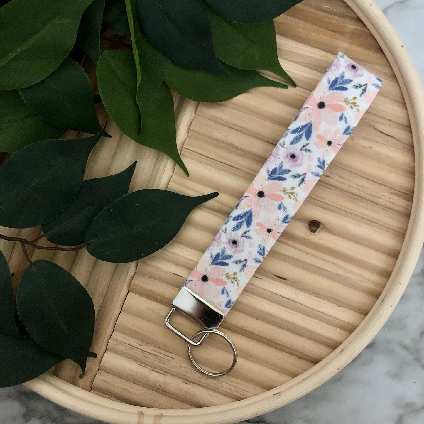 Pastel Plum Poppy Print Fabric Wristlet Keychain, Key Fob