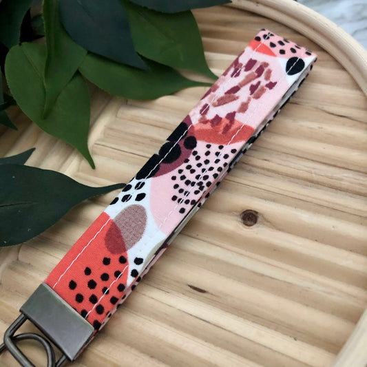 Pink Geo Print Fabric Wristlet Keychain, Key Fob