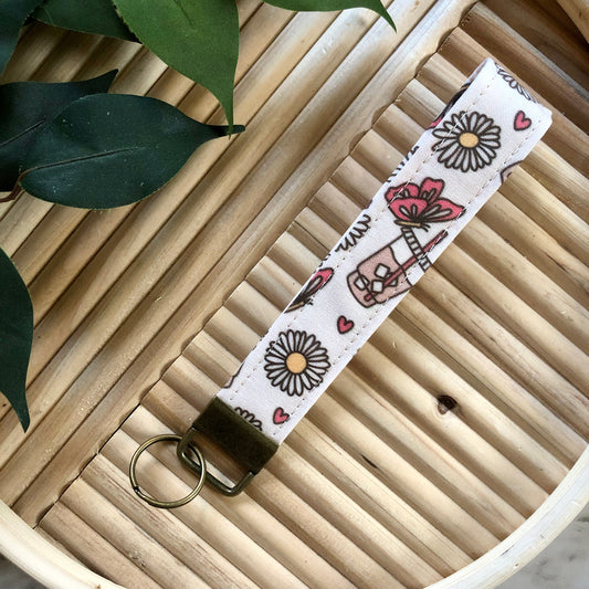 Daisies & Iced Coffee Print Fabric Keychain, Key Fob
