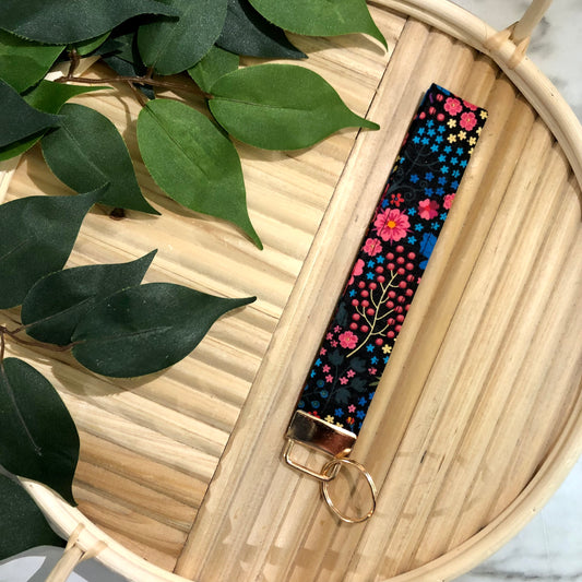 Bright Garden Floral Print Fabric Keychain, Key Fob