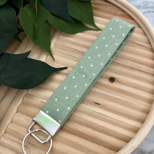 Sage Polka Dot Print Fabric Wristlet Keychain, Key Fob