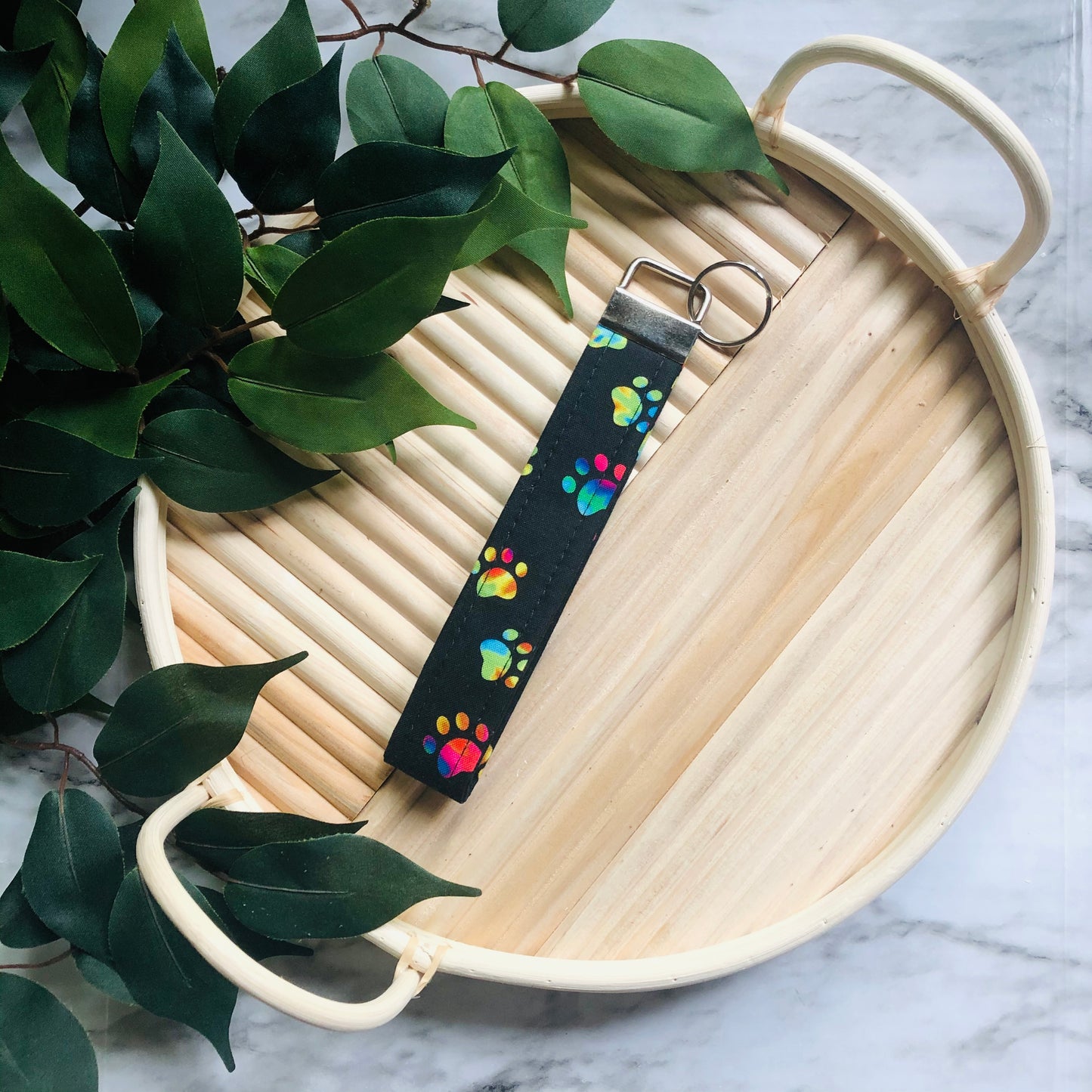 Black and Rainbow Tie Dye Paw Print Fabric Wristlet Keychain, Key Fob