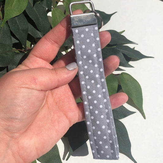 Grey with White Polka Dot Print Fabric Wristlet Keychain, Key Fob