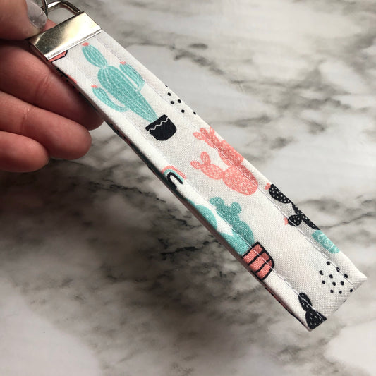 Pink, Aqua, and Black Cactus Print Fabric Wristlet Keychain, Key Fob
