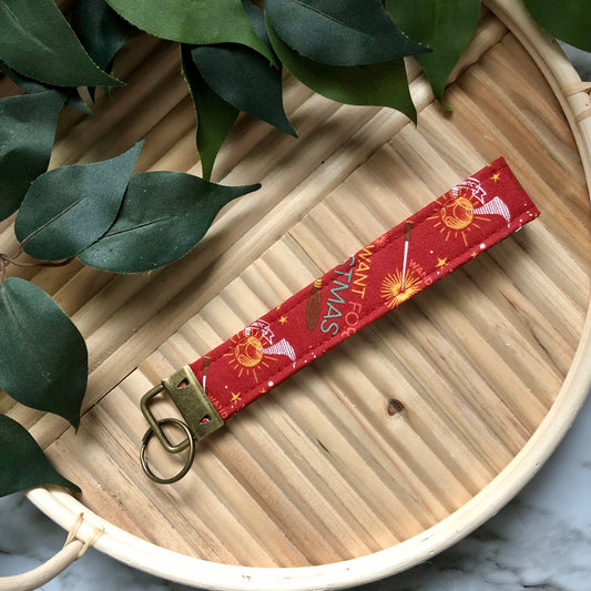 Harry Potter Christmas Wishes Print Fabric Wristlet Keychain, Key Fob