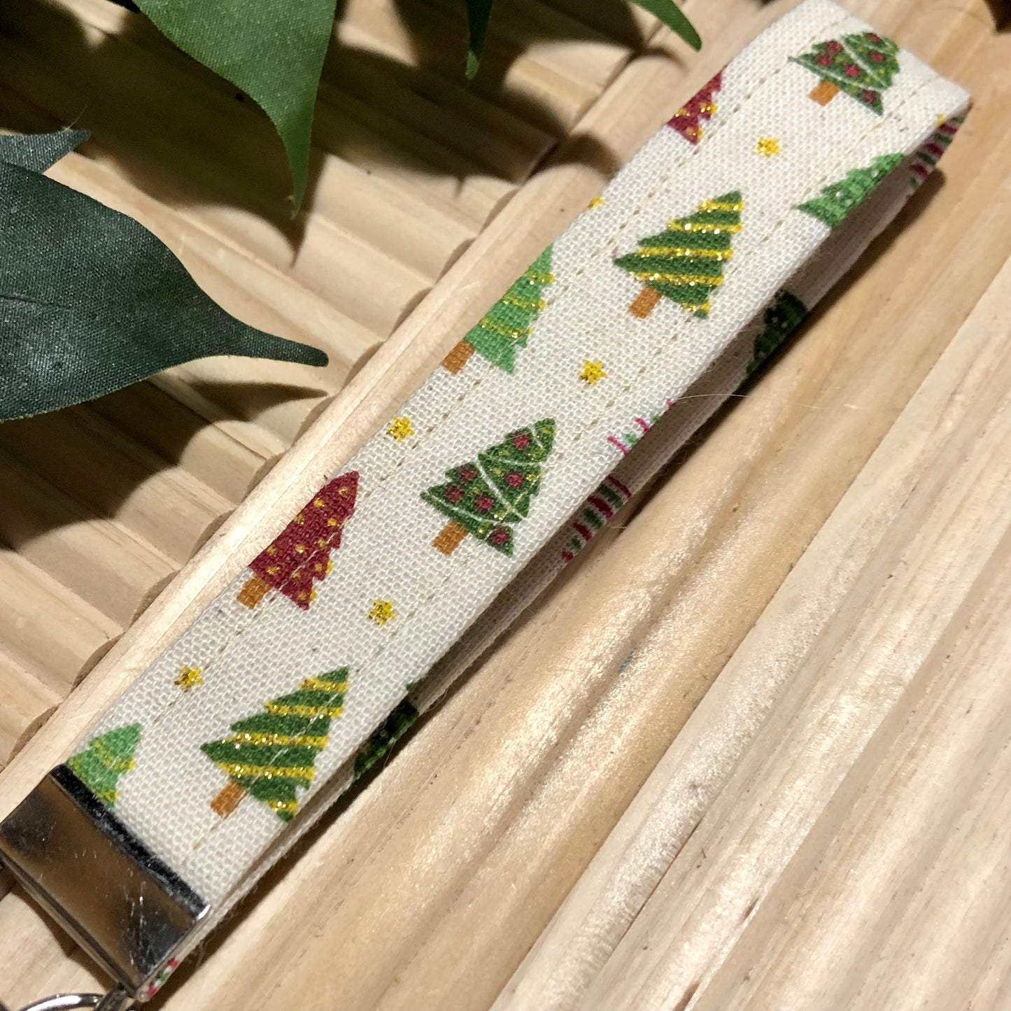 Glittery Trees Christmas Print Fabric Wristlet Keychain, Key Fob