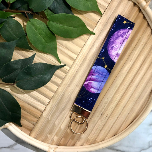 Purple Space Print Fabric Keychain, Key Fob
