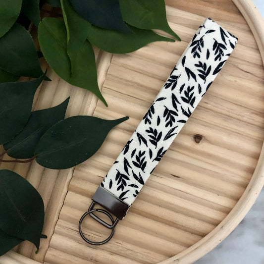 Cream and Black Leaf Print Fabric Wristlet Keychain, Key Fob