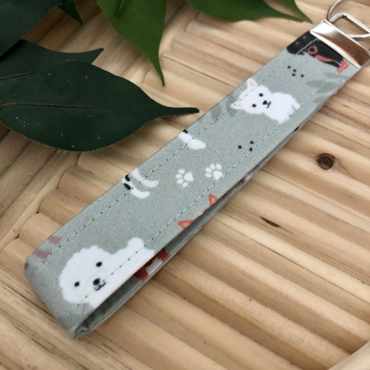 Sage Pups Print Fabric Wristlet Keychain, Key Fob