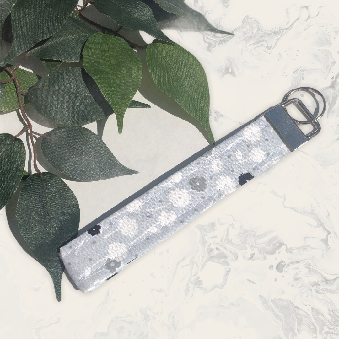 Grey, White, and Black Floral Print Fabric Wristlet Keychain, Key Fob
