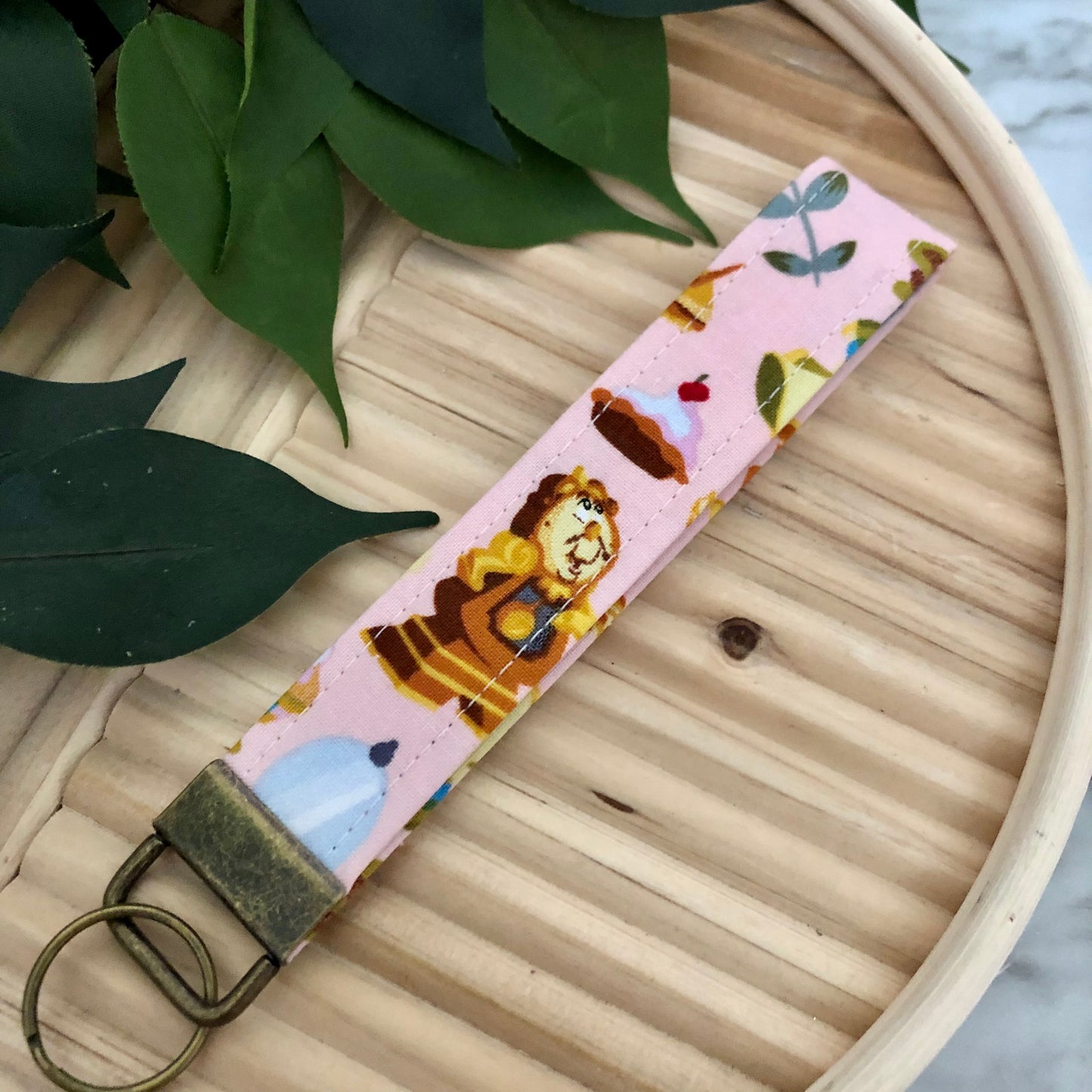 Cogsworth & Friends/Beauty and the Beast Print Fabric Wristlet Keychain, Key Fob