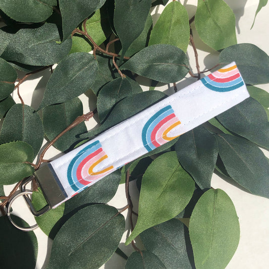 White Rainbow Print Fabric Wristlet Keychain, Key Fob