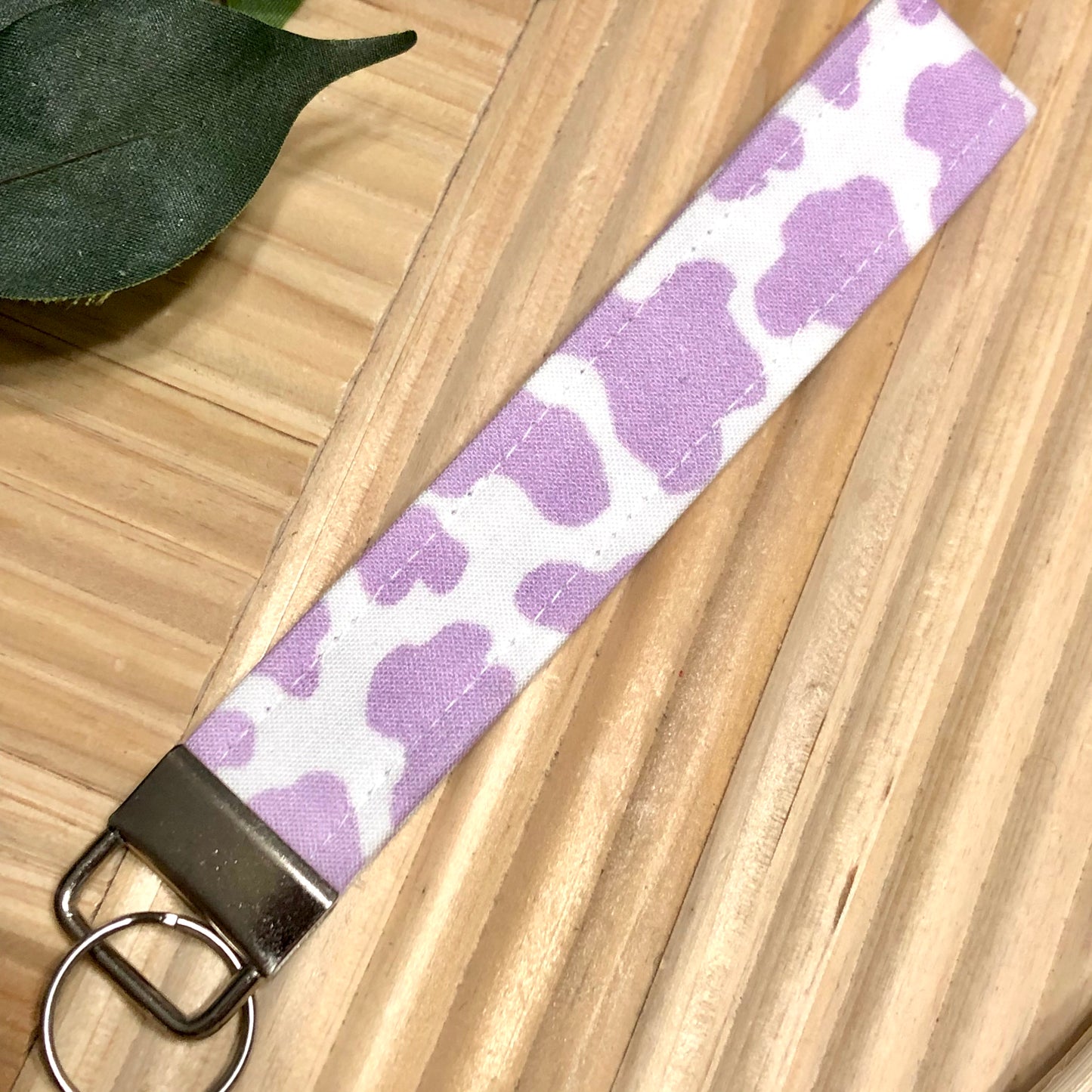 Purple Cow Print Fabric Wristlet Keychain, Key Fob