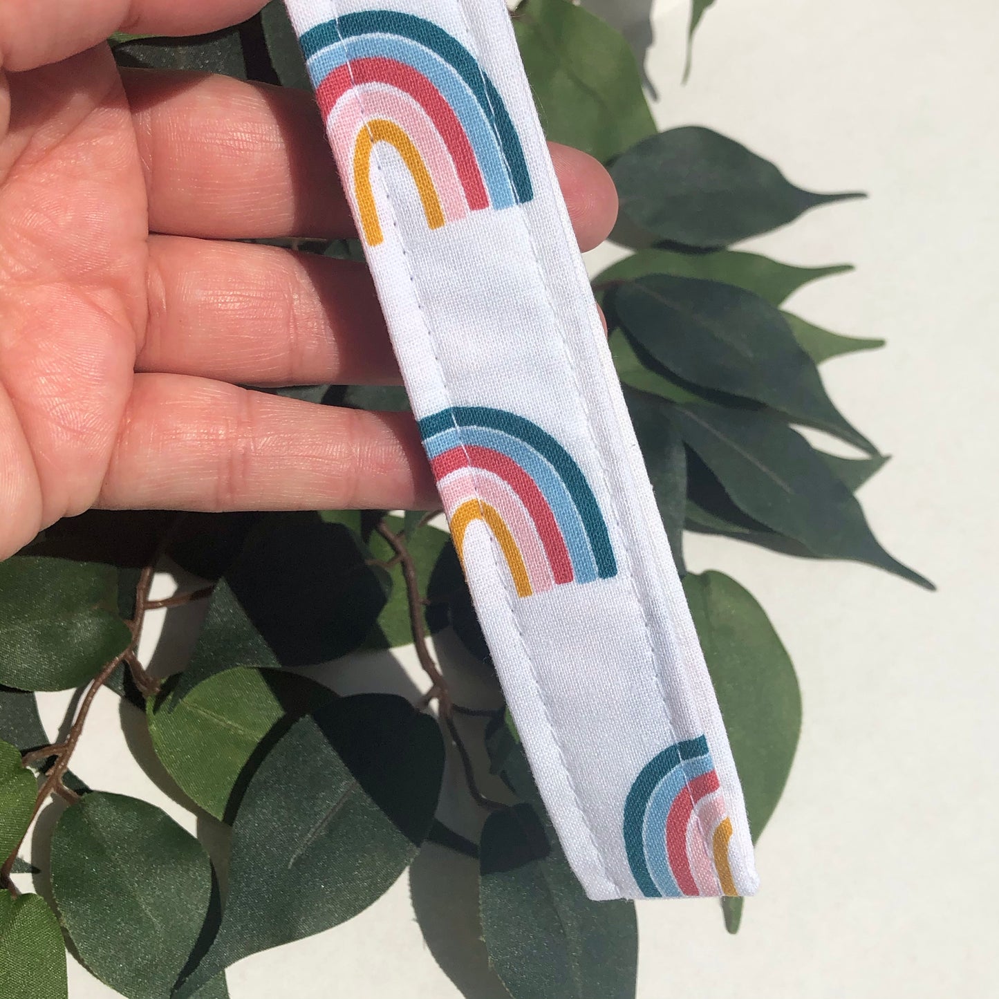 White Rainbow Print Fabric Wristlet Keychain, Key Fob
