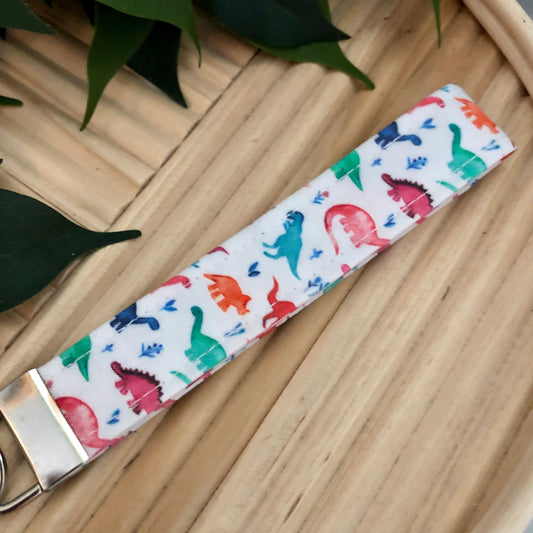 Pink Dinosaur Print Fabric Wristlet Keychain, Key Fob
