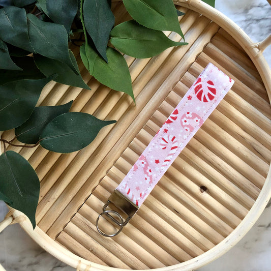 Pink Candy Cane Print Fabric Keychain, Key Fob